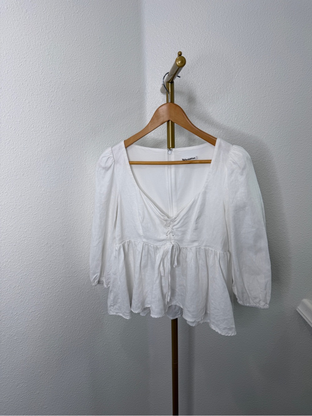 Reformation Abigail Linen Lace Up Puff Sleeve Peplum Blouse White Cottagecore M